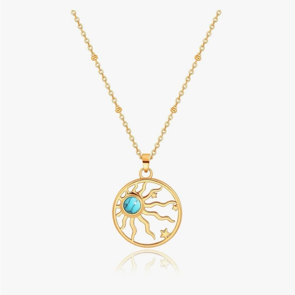 18” 18K Gold Plated Sun & Moon Pendant Necklace with Turquoise Bead Link Chain